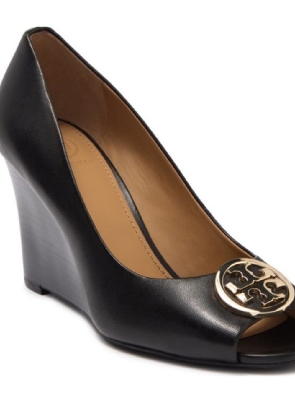 Tory Burch Benton Black Leather Peep Toe Wedge Heels Size 8